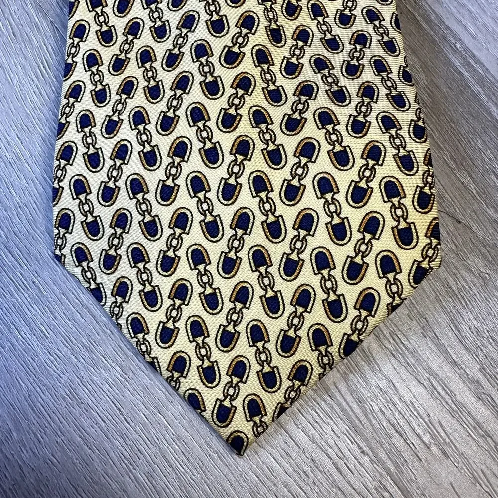 Vintage Beaufort Tie Rack Silk Link Print Tie Equestrian Horse Bit Yellow Blued